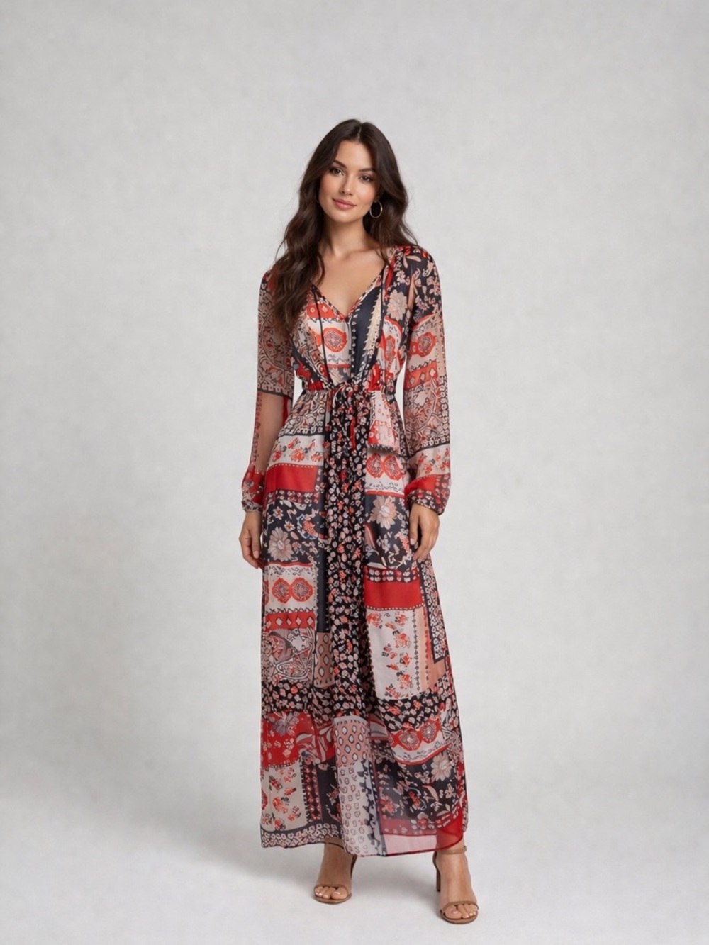 Guess Patchwork V‑Neck Semi Sheer Maxi Dress in Red, Black & Cream